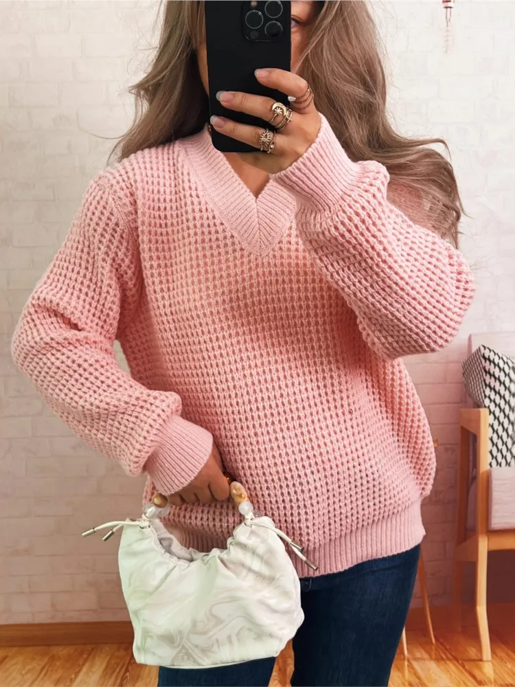 Осенне-зимний простой однотонный новый вязаный пуловер в стиле ретро, женский повседневный свободный универсальный свитер с длинными рукавами и v-образным вырезом