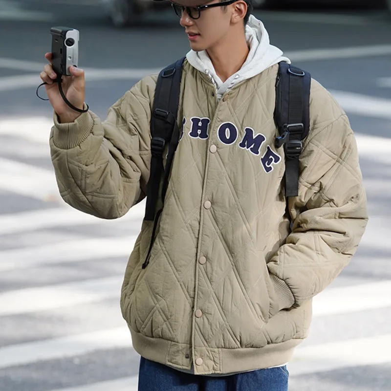 Chaquetas Bomber con parche de letras bordadas para hombre, chaqueta acolchada de burbujas de Color sólido, abrigo a prueba de viento, prendas de vestir cálidas, Otoño e Invierno