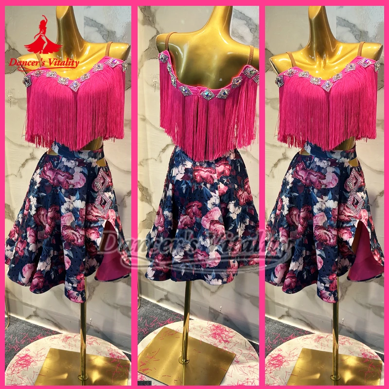 Latin Dance Sling Tassel Tops&Printed Skirt Advanced Suit Customized Chacha Samba Rumba Salsa Practice and Performance Clothing