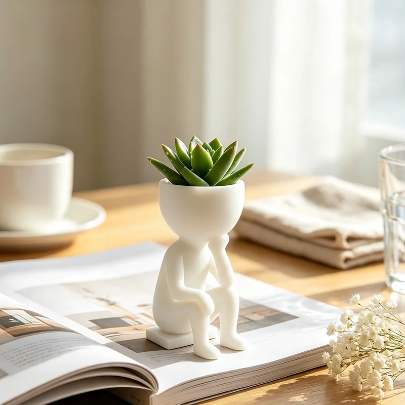 3D Printed Thinker Shaped Succulent Planter Abstract Figure Flower Pot Cactus Plant Pot Desktop Ornament Creative Table Decor