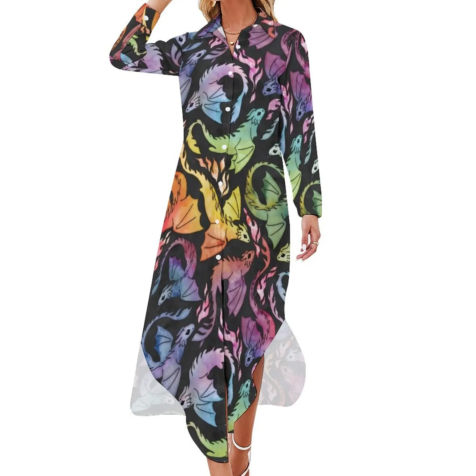 Dragon fire dark rainbow Long Sleeved Shirt Dress sensual sexy dress for women Woman clothing clothes for woman