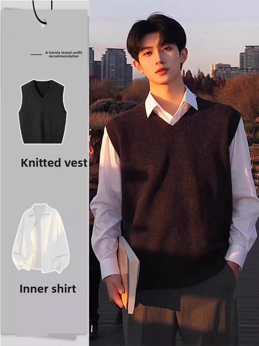 

Bla V-Ne Knitted Vest Men's Autumn Winter College Sle Outfit Two-Piece Set Long Sve irt under Vest Sweater