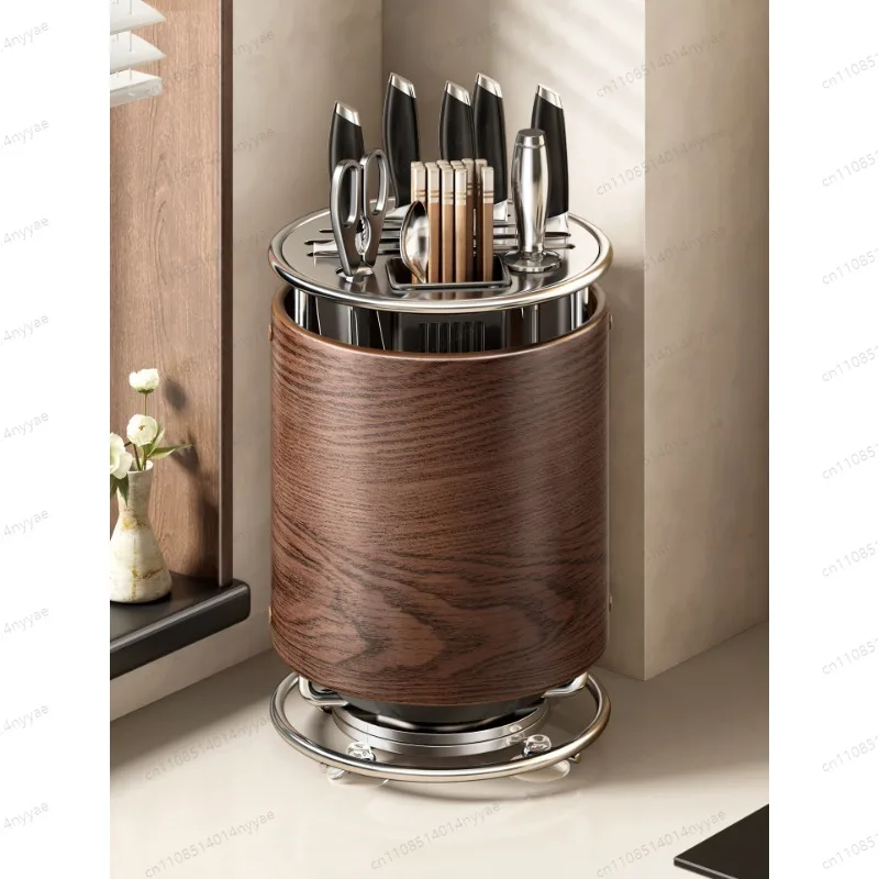 All-in-One Kitchen Knife Block & Utensil Holder, Stainless Steel Rotating Rack with Chopstick Cup, Countertop Storage Organizer