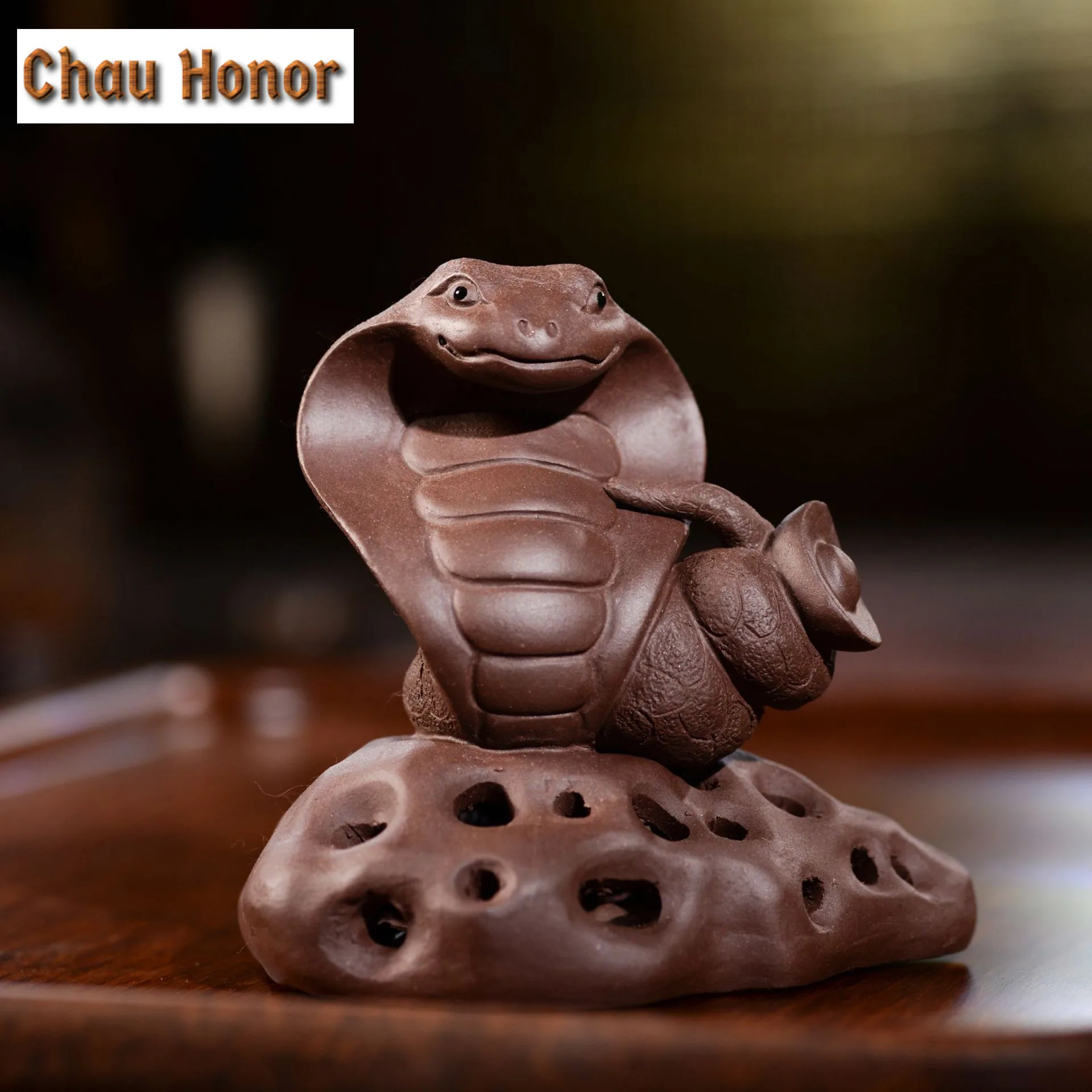 Chinese Purple Clay Tea Pet Handmade Zodiac Snake Sculpture Animal Ornaments Statue Treasure Cobra Decor Tea Figurine Tea Set