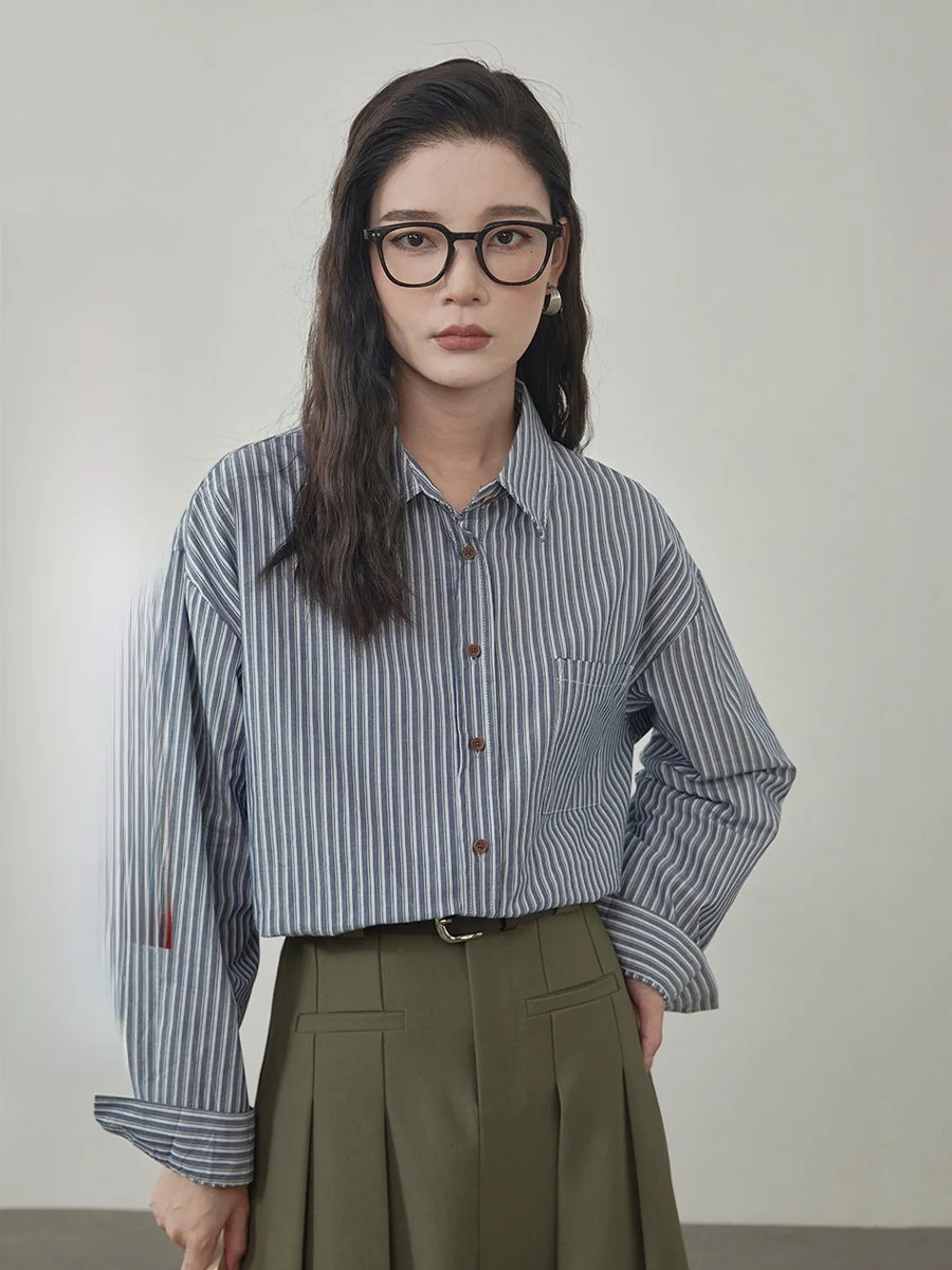 

Ele Striped Women's irt Spring 2026 New Versatile Slimming Top Korean Sle Cotton Long Sve Collar Open Cardigan