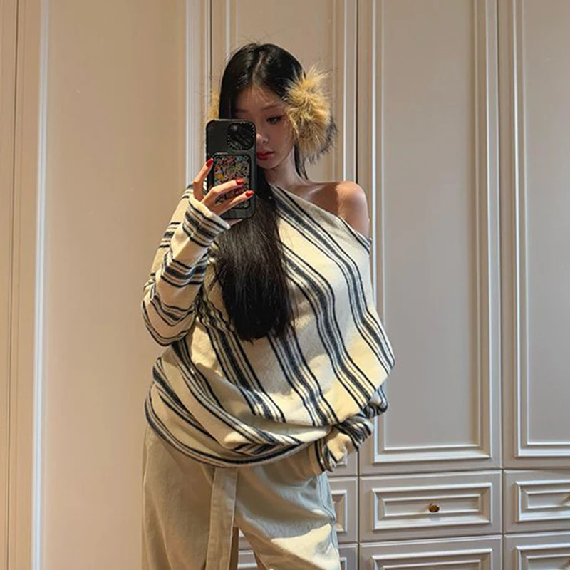 

Casual Striped Women Sweater Slash Neck Long Sleeve Temperament Jumper Sueter Mujer Fashion Knitted Pullovers Tops Pull Femme