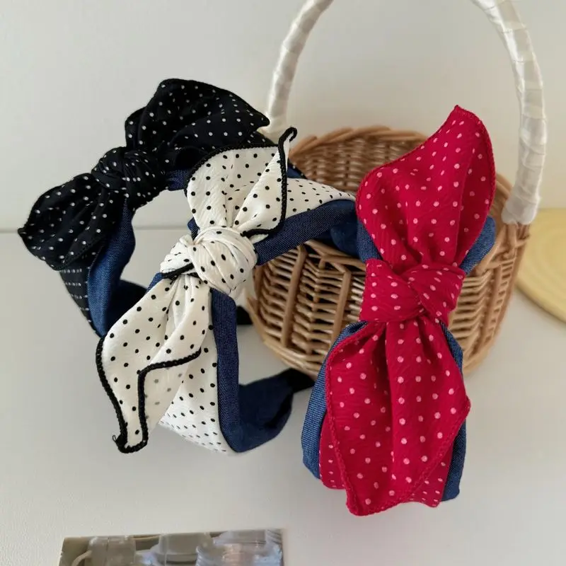 1pc Korean new polka dot denim bow wide edge headband collision sweet headband compression hair hairpin for women