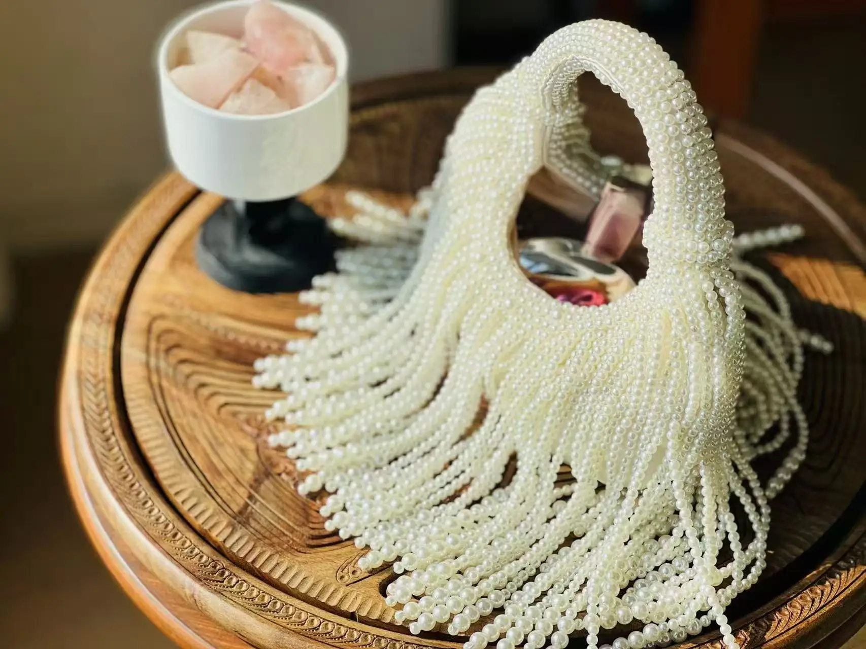 Luxury Handmade Faux Pearl Beaded Evening Clutch, Vintage Fringe Detail Shoulder Bag, Elegant Party Wedding Handbag for Women image 6