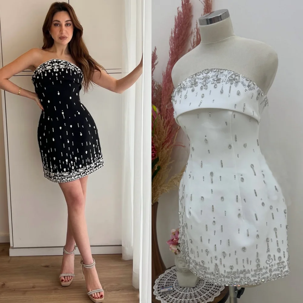 

Изысканный трикотаж со складками и блестками по индивидуальному заказу, короткие платья трапециевидной формы без бретелек, элегантный вечер на заказ