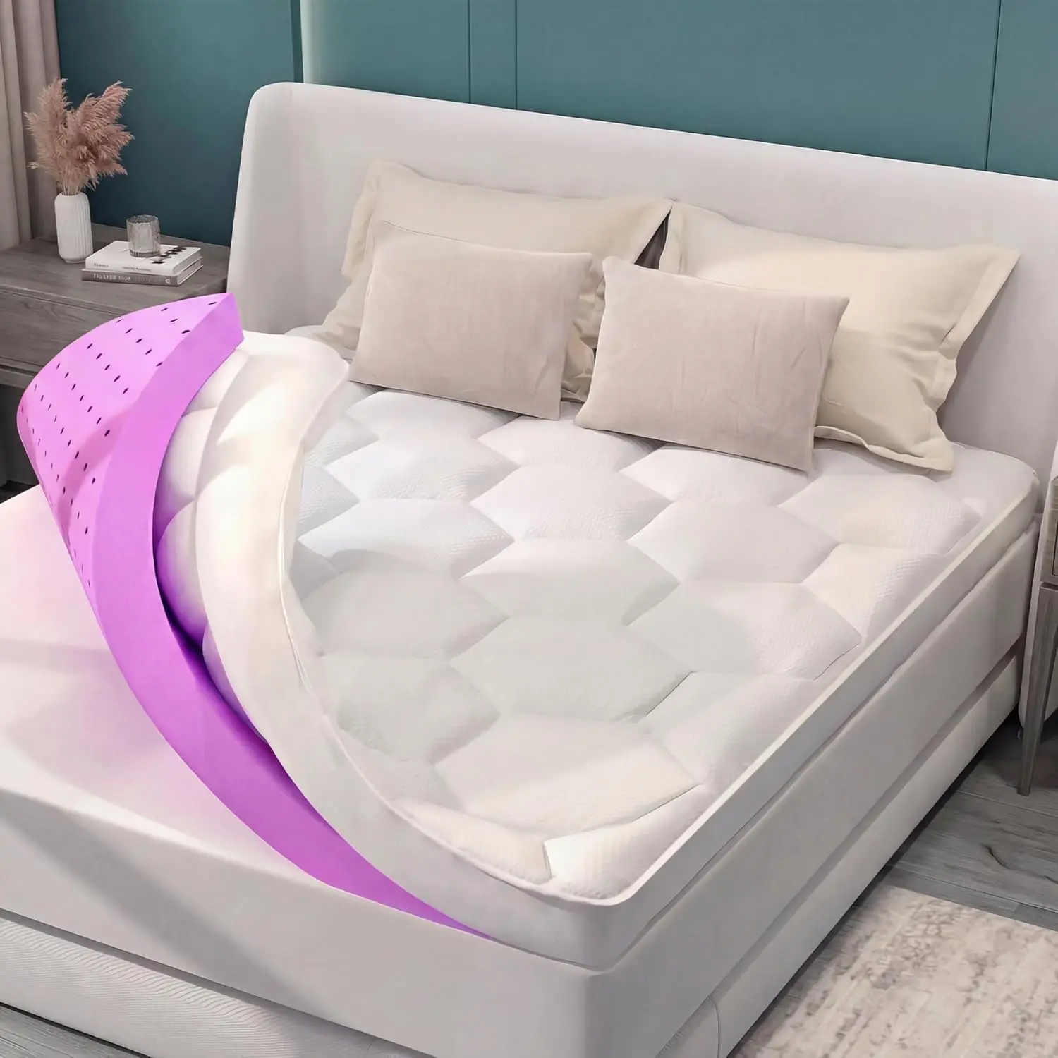 

4 Inch Dual Layer Mattress Topper Queen Size, 2 Inch Cooling Gel Memory Foam and 2 Inch Soft Pillow Top Pad Cover, Mattress Pad
