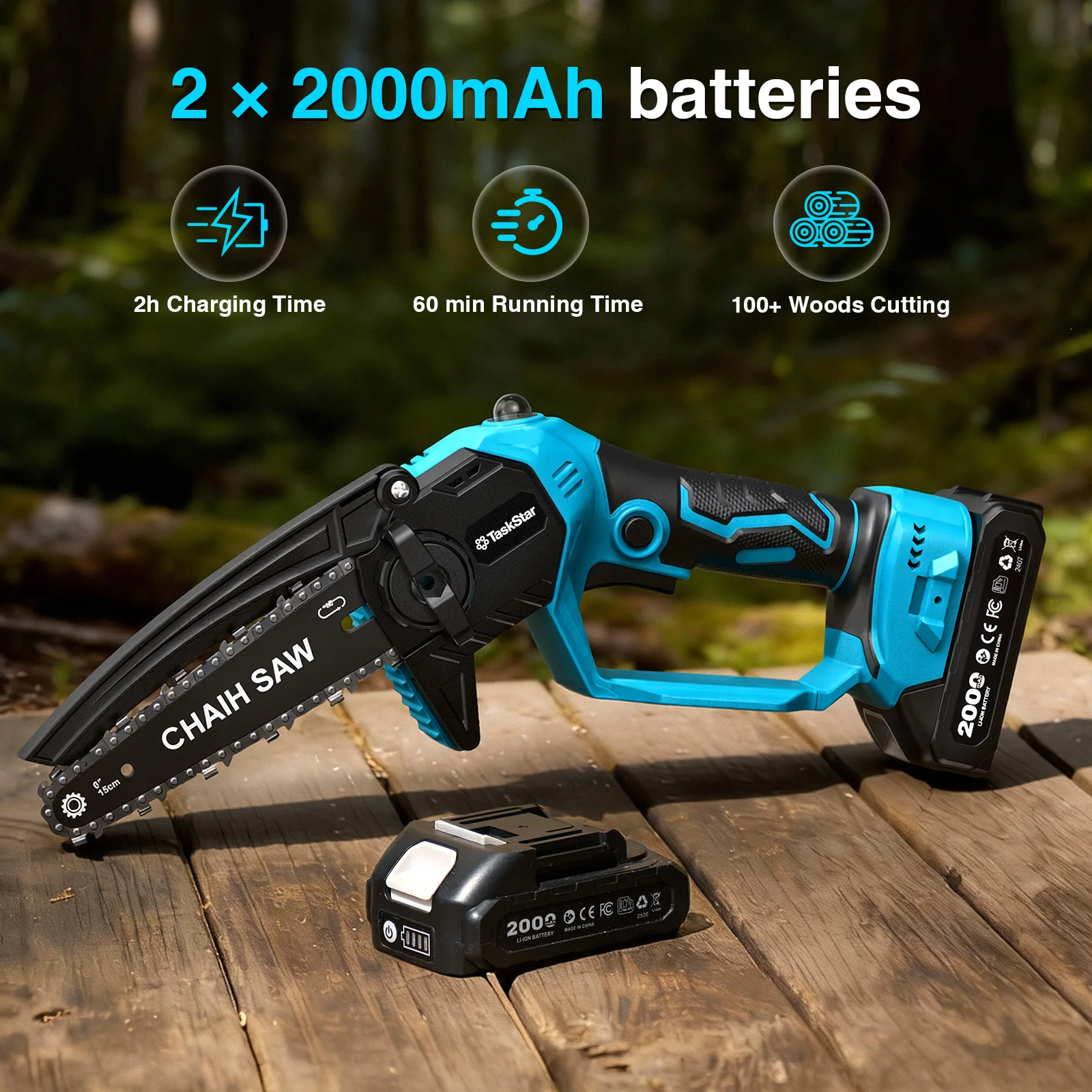 TaskStar 6" bürstenlose Kettensäge, 700-W-Motor, automatische Ölung, Mini-Akku-Astschere zum Beschneiden von Bäumen, Garten-Elektrowerkzeug für Makita 18-V-Akku (mit 2x2,0-Ah-Akkus) – Detail 5