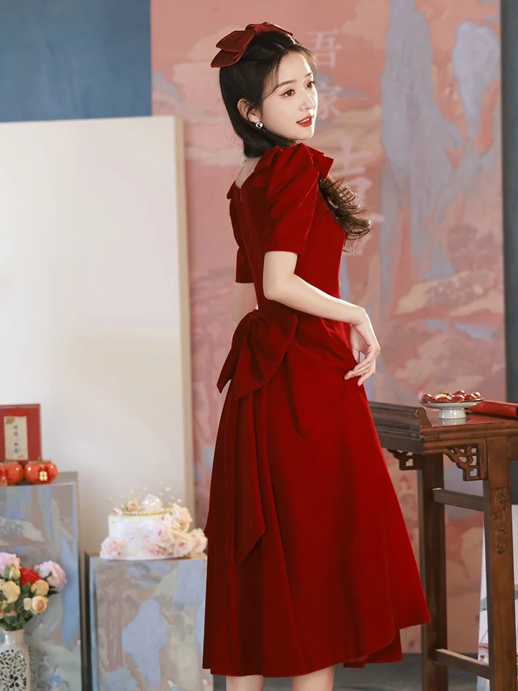

Red Wedding Dr Korean Sle ort Sve Pearl Embellied A-Line Skirt Engagement Par Dr for Young Women