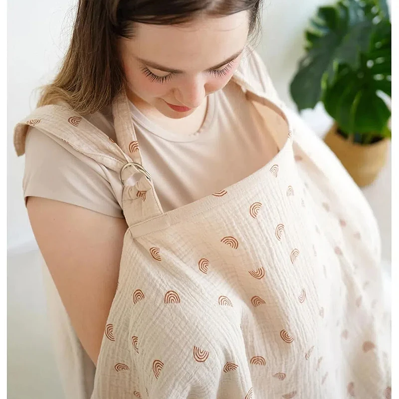 Muslin Nursing Covers for Breastfeeding Breathable Cotton Nursing Apron Privacy Cover with Arch Neckline for Mom Baby Multi use