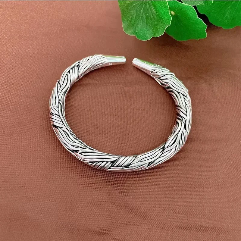 

Sterling Silver 999 Bracelet for Men's Weaving Vintage Versatile Personalized, Simple, Adjustable, Aggressive, Exaggerated Gift