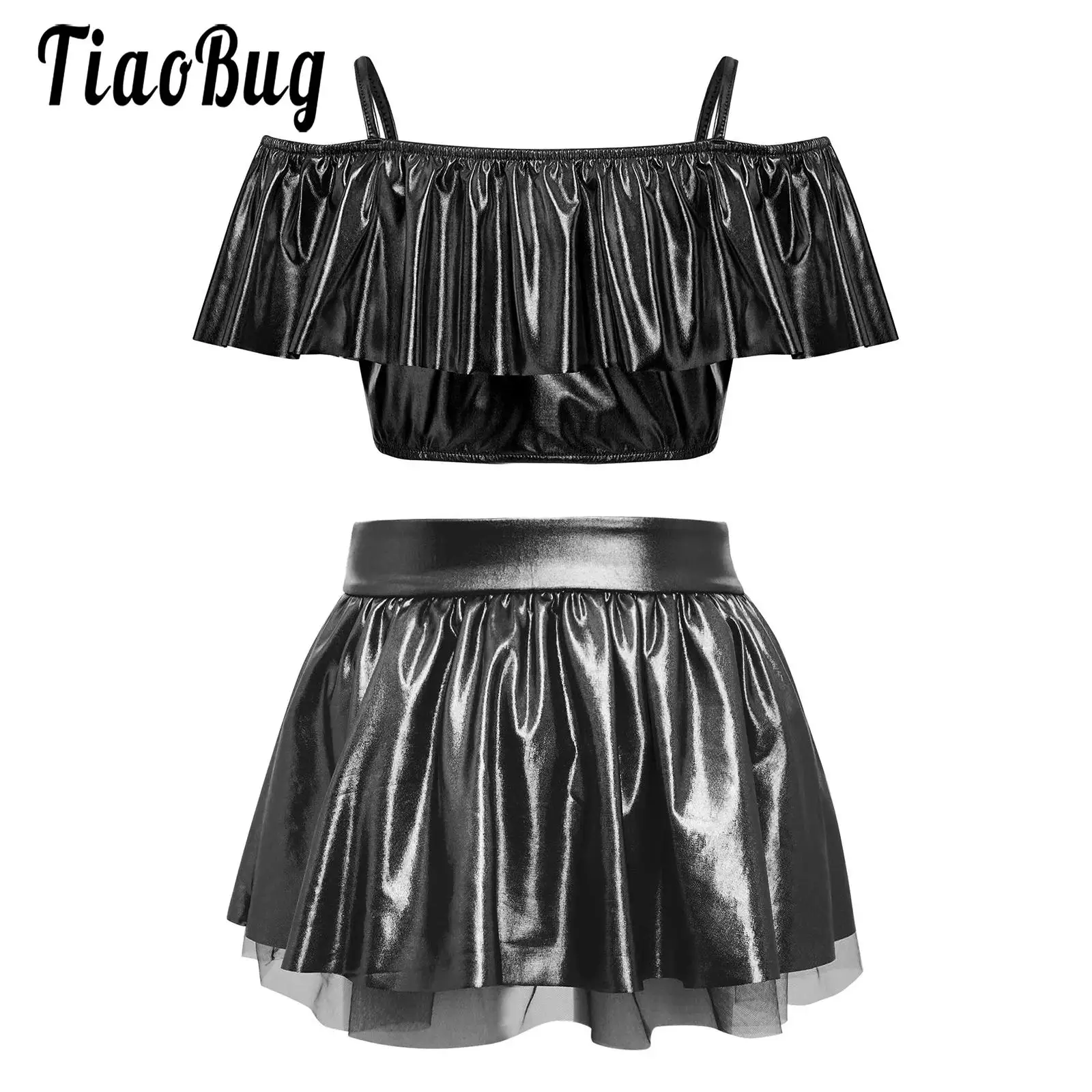 Kids Girls Street Modern Dance Performance Outfit Jazz Cheer Leader Clothes Sets Metallic Ruffles Crop Top with Shiny Tutu Skirt