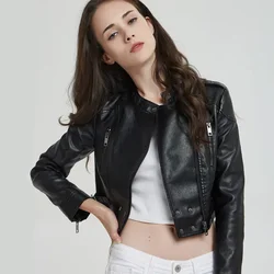 2024 New Spring Autumn Short Style Slim Rivet Black Leather Jacket Women Fashion Stand Collar Motorcycle Style PU Leather Jacket