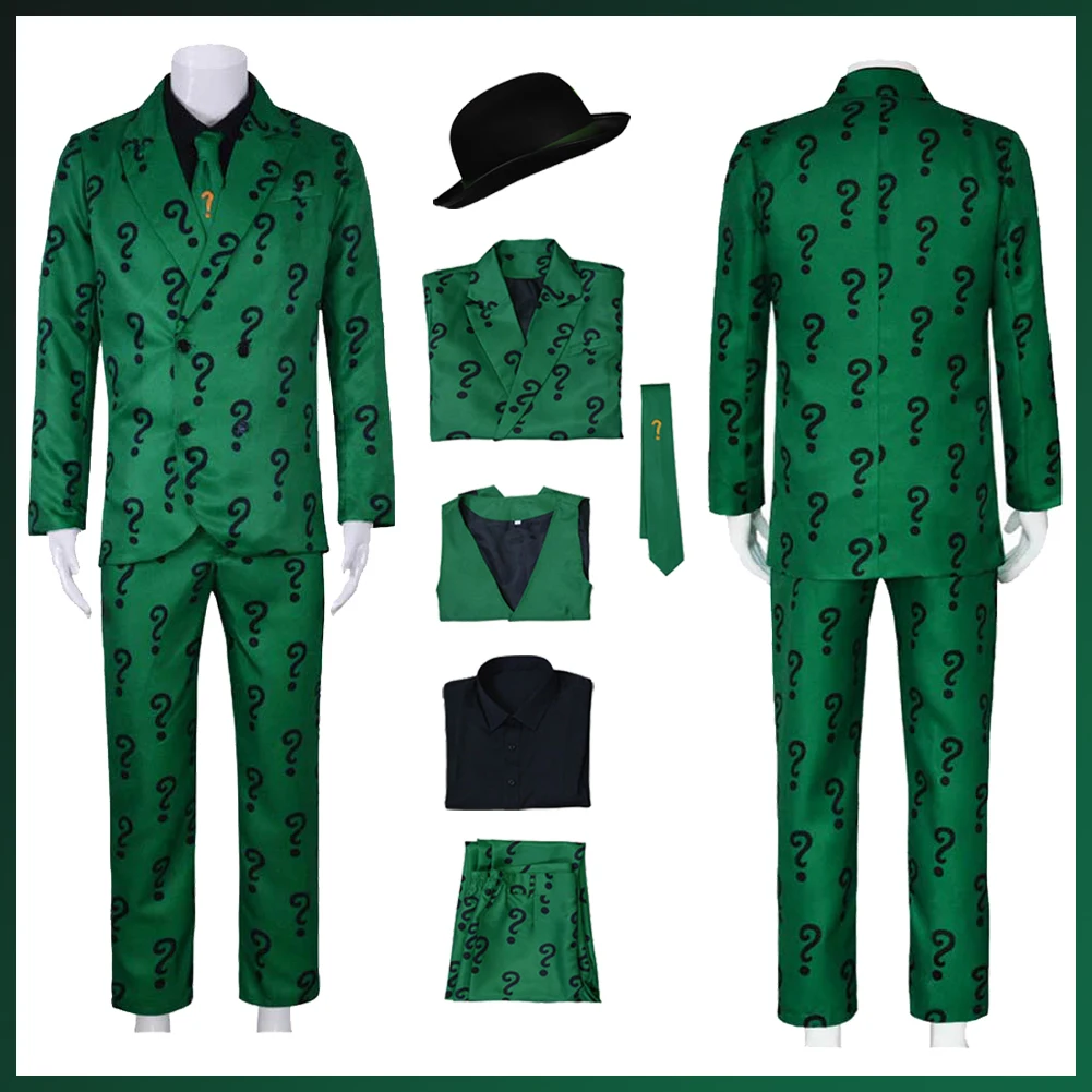 

Riddler Cosplay Role Play Movie Super Villain Costume Adult Men Roleplay Outfits Male Fantasy Fancy Dress Up Party Clothes