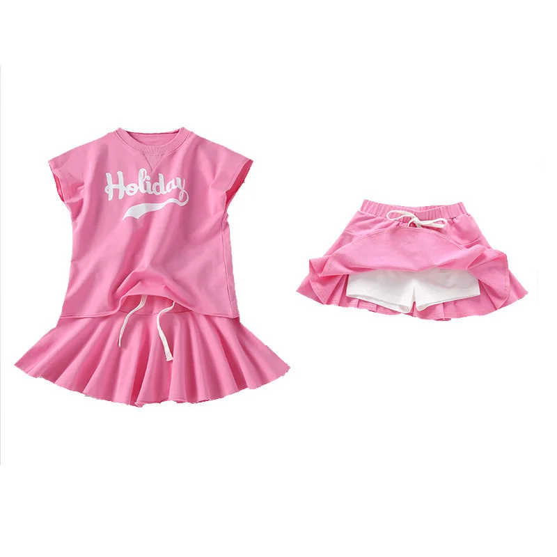 2024 summer girls tennis tracksuit letters batwing holiday t-shirt + loose sport pleated skirt teenager children set 5 12 year