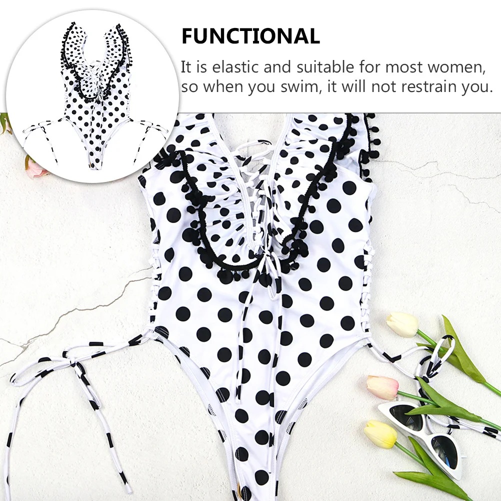 

Black Polka Dot Swimsuit Women Bathing Suit One-piece Swimwear Tummy Control Cut Out Ruffled Bikini Polyester Beach Pool