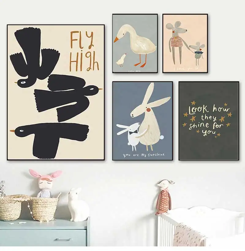 Boho Cartoon Rabbit Mouse Goose Nursery Wall Art Canvas Painting Nordic Retro Poster Prints Wall Picture Baby Kids Room Decor