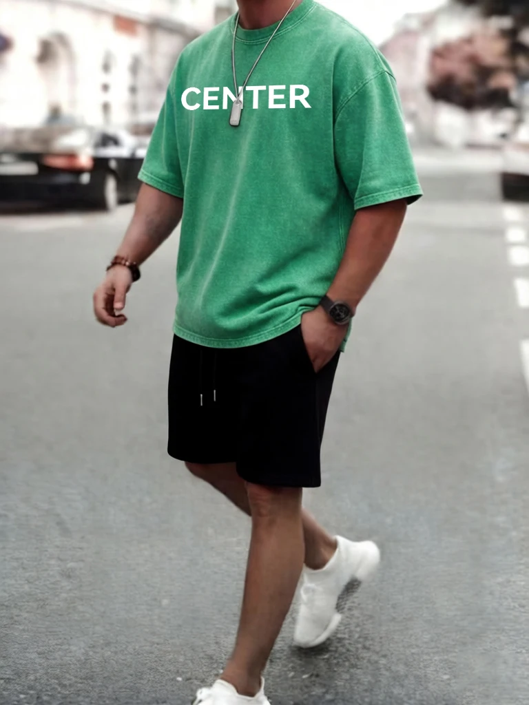 

Center Letter Pattern Cotton Washed Mans Tee Shirts Sport Casual T Shirt Summer Fashion Clothing Pocket Drawstring Shorts Set