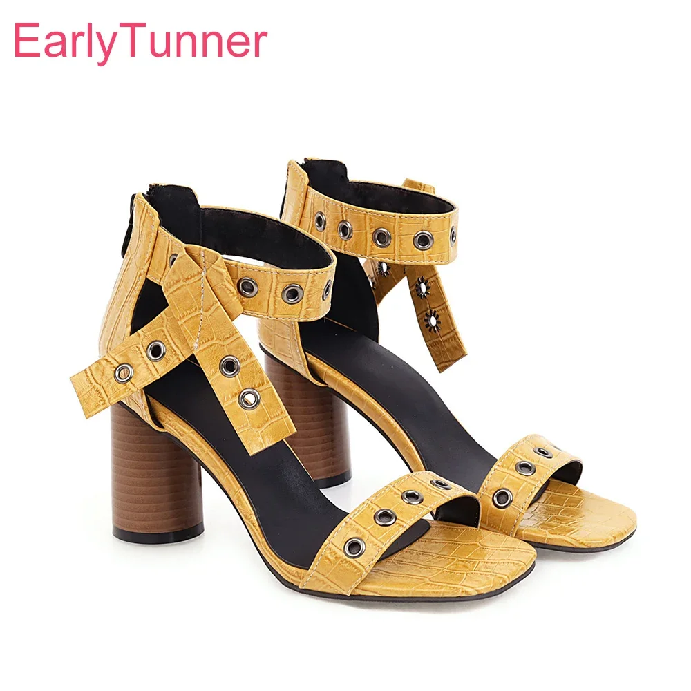 New Summer Sexy Yellow Black Women Sandals Fashion High Round Heel Office Lady Shoes Plus Small Big Size 32 43 45 48