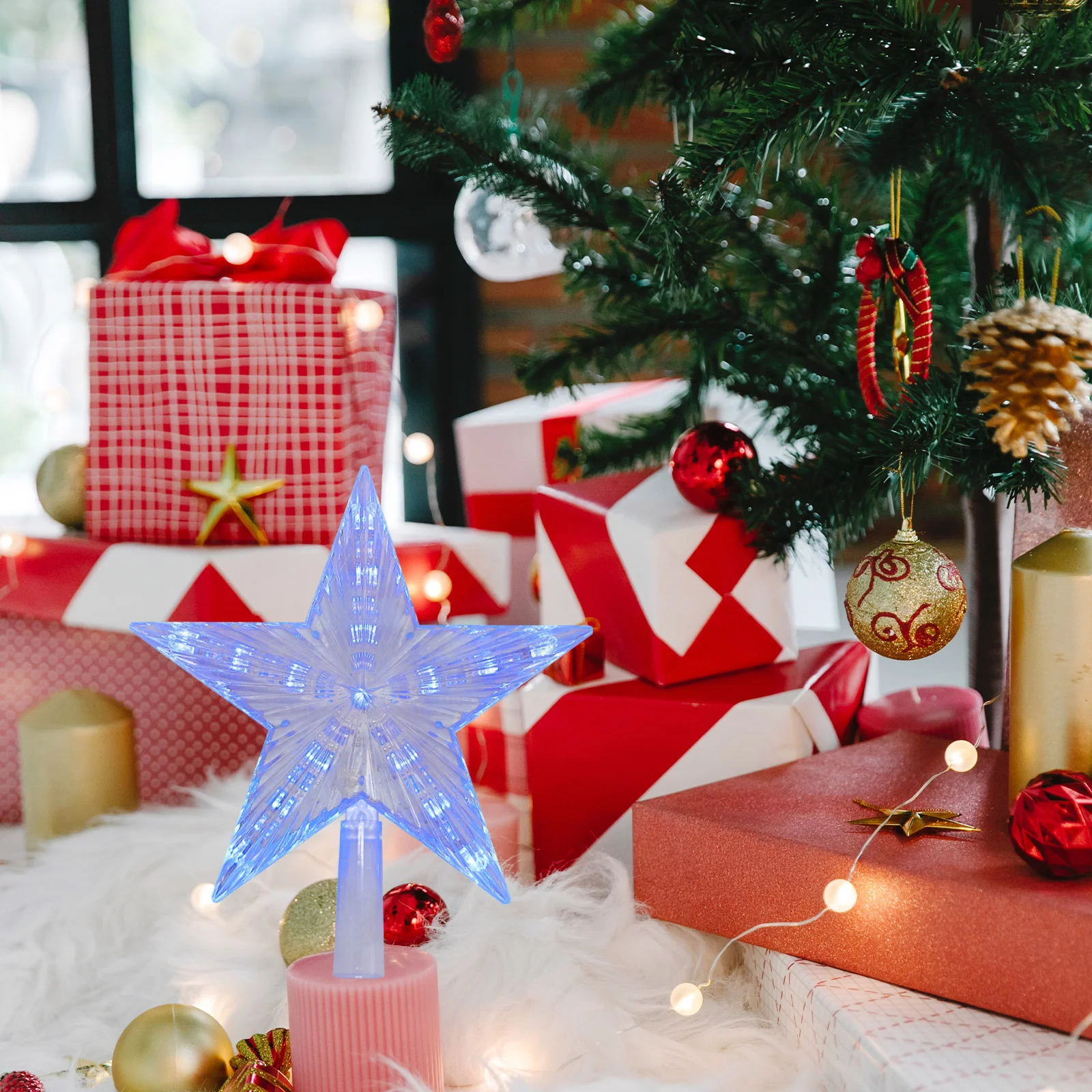 Adorno de estrella para árbol de Navidad, adorno de estrella LED para copa de árbol, decoración del hogar con enchufe europeo (blanco cálido)