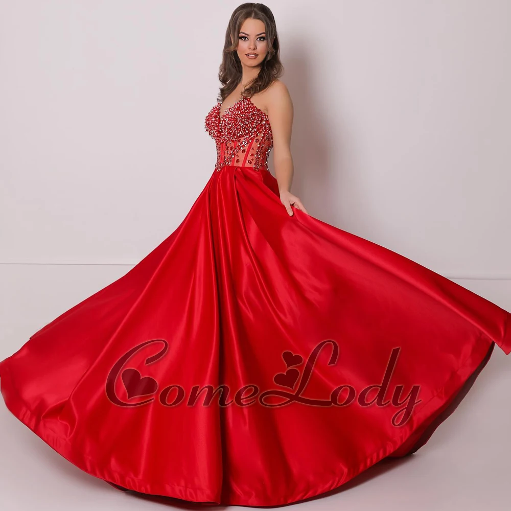 

Comelody Attractive Satin Prom Dresses for Women Crystals Sleeveless Floor Length Pleat A-Line Vestido De Formatura Personalised