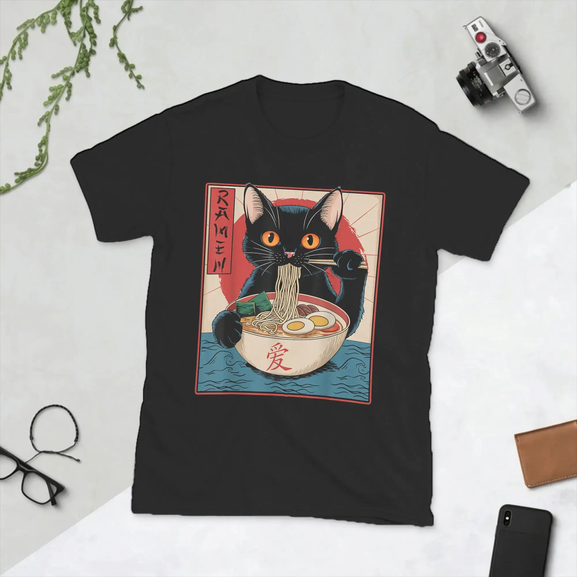 Japanese Black Cat Ramen T-Shirt Men Kawaii Noodle Cat Vintage Pure Cotton Tees O Neck Short Sleeve T Shirt Summer Tops