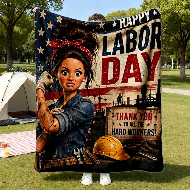 Doll Face Meme Inspired Soft Blanket, Funny Patriotic Worker Doll Comfy Blanket, Labor Day, Construction Worker Gift, Am