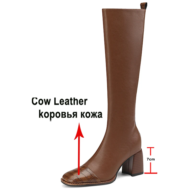 Meotina Women Genuine Leather Knee High Boot Square Toe Block High Heels Zipper Long Boots Ladies Fashion Shoes Autumn Winter 40