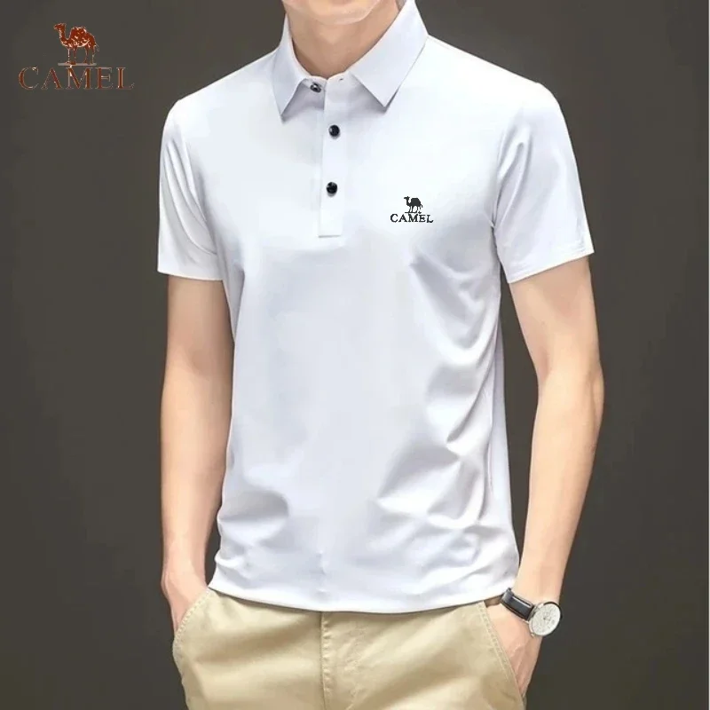 New High-end Embroidered CAMEL Silk Polo Shirt Summer Men\'s Fashionable Business Casual Breathable Short Sleeved T-shirt Top