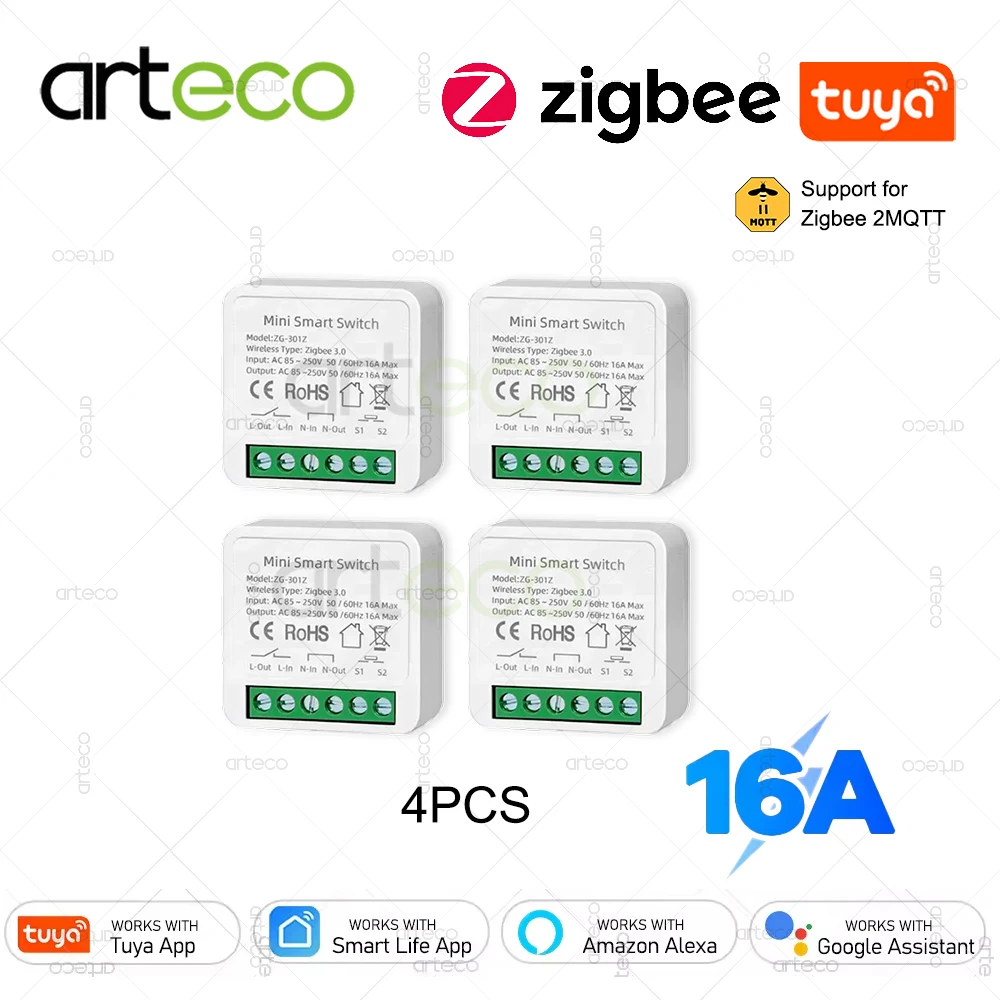 

4 шт. Mini 16A ZigBee Smart Switch Module DIY Light Relay Breaker для Tuya Smart Life App Control Automation работает с Alexa