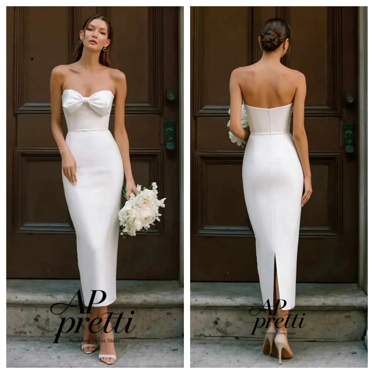 AP pretti Customized Simple Sweetheart Collar Big Bow Satin Wedding Dresses For Woman Straight Bridal Gown Engagement Dress