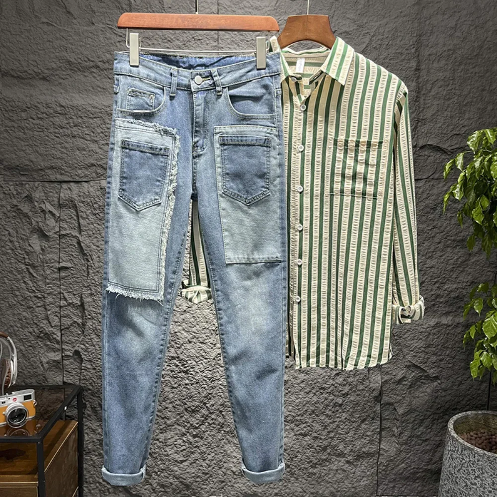 Summer Street Men Jeans Splicing Trousers Youth Popular Mid Waist Casual Elastic pants y2k demin cargo pants men trousers