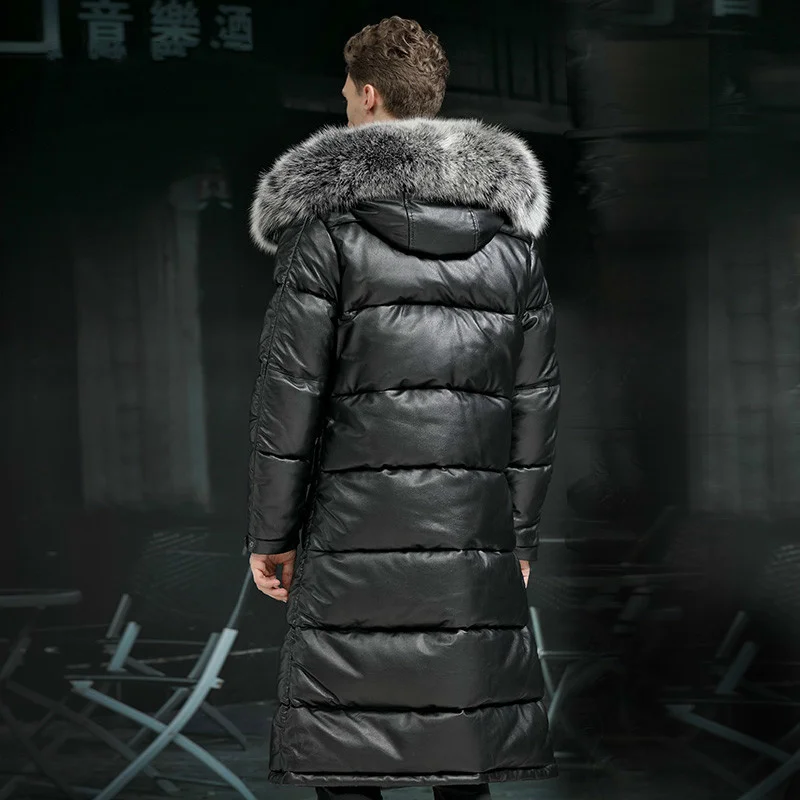 Minus 40 degrees Celsius Warm Top Layer Cowhide Genuine Leather Jacket Men X-Long Duck Down Coat Real Fur Hooded Coats