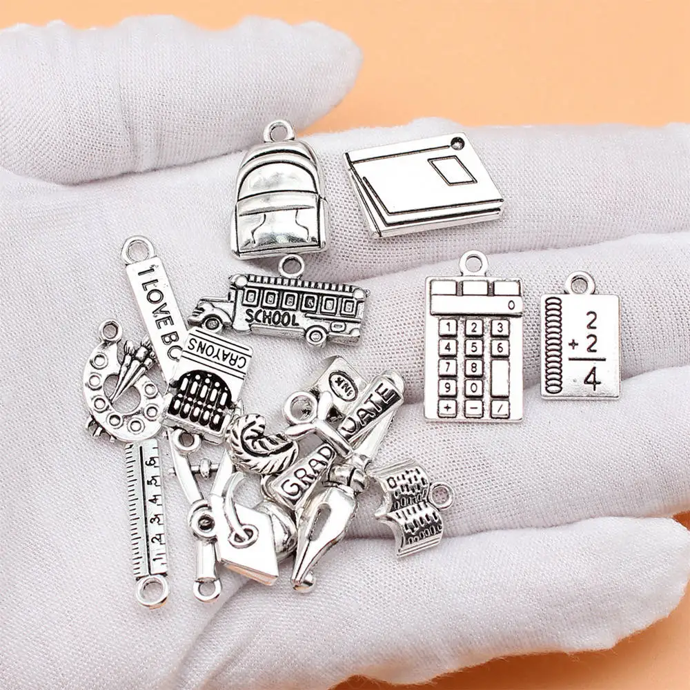 Jewelry Pendants School Supplies Ruler Book Compasses Calculator Crayon Palette School Bag Charms Collection Vintage 15pcs