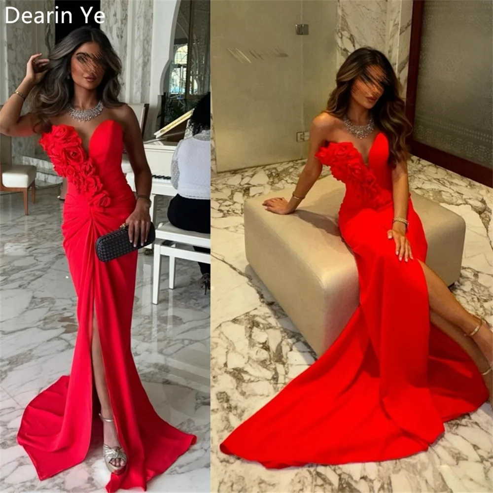 

Customized Saudi Arabia Prom Gown Dearin Strapless Mermaid Floor Length Skirts Sleeveless Hugging Ruffle Applique 3D Flower Besp