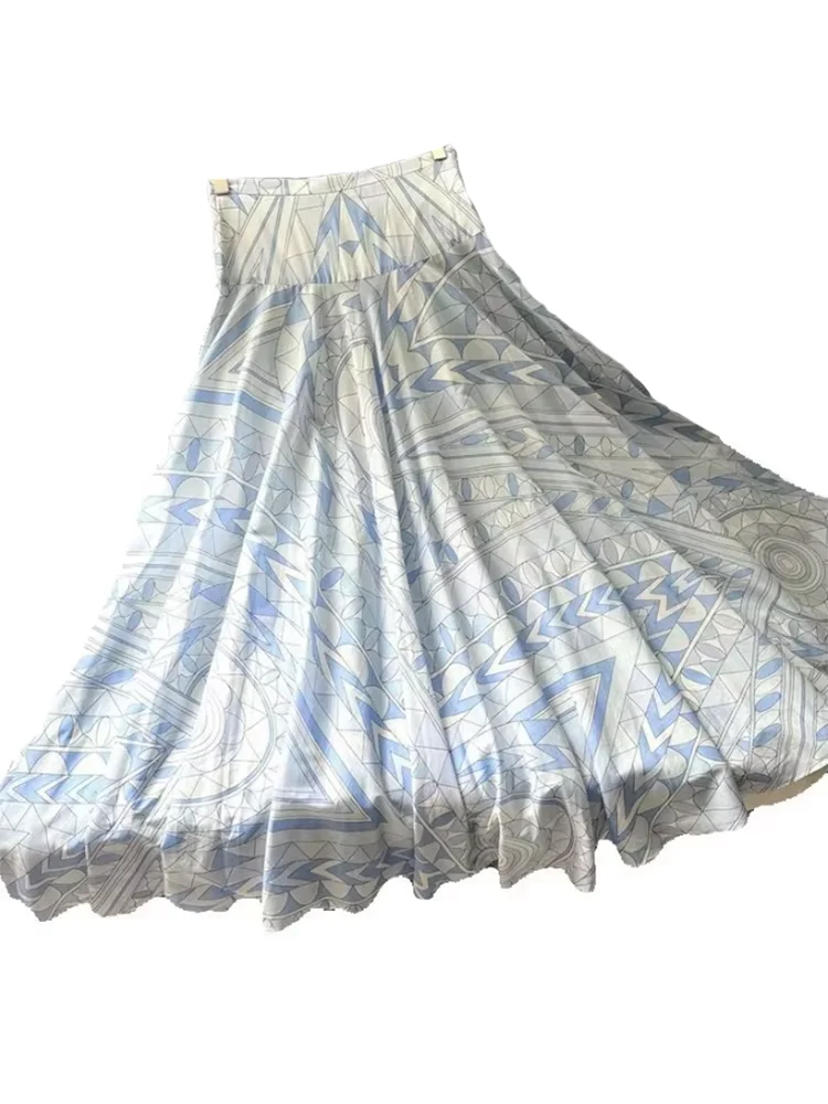 Spring Summer Fashion Geometric Printing Elegant Big Swing Long Skirt Women's Party High Waist Slim A-Line Skirt