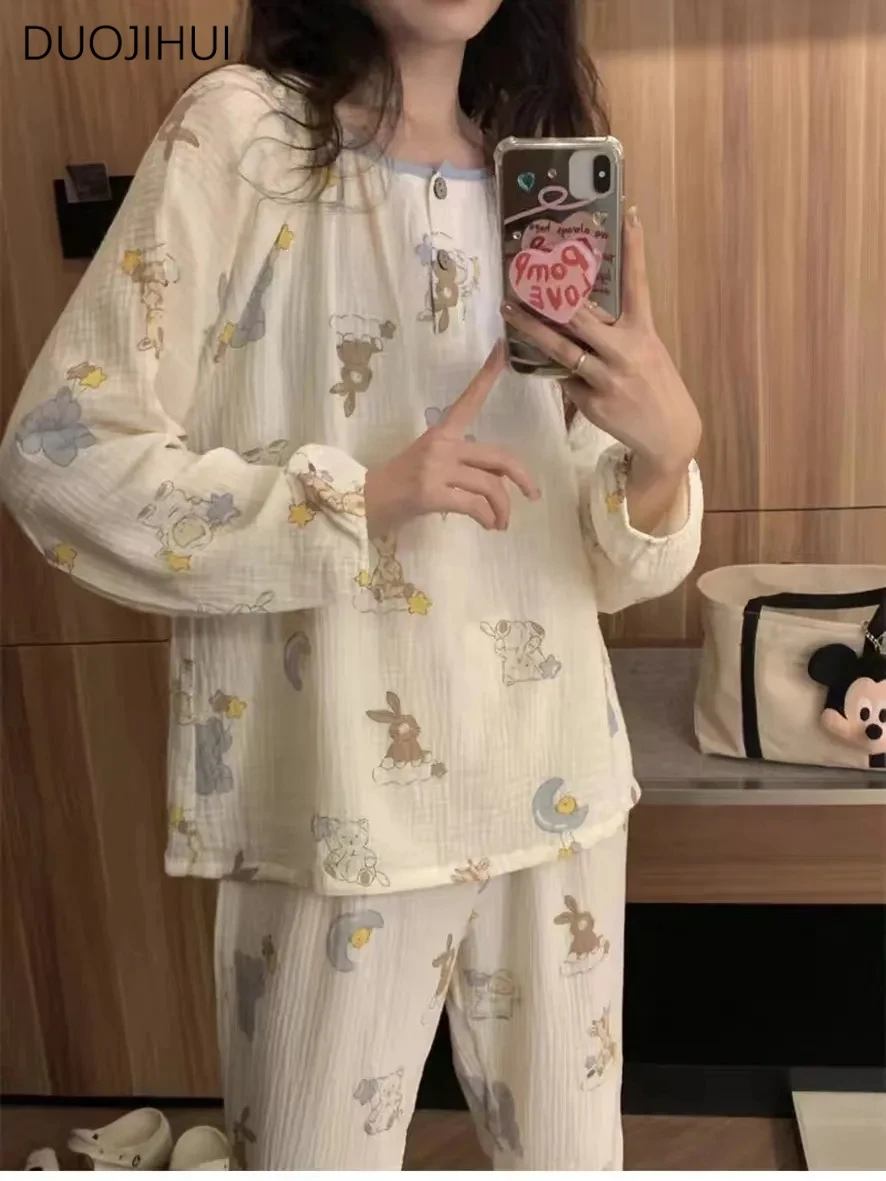 DUOJIHUI Autumn Two Piece Chic Printing Women Pajamas Set New O-neck Pullovers Simple Pant Fashion Casual Loose Female Sleepwear