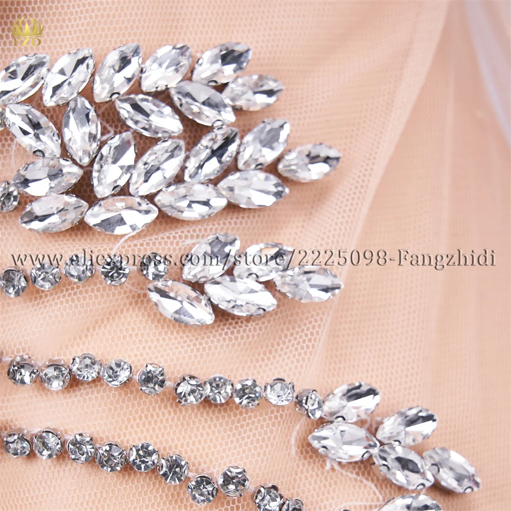 FZD Silver Appliques Embroidery Patches for Cloth Crystal Rhinestone Iron on Patch Handsewn Rhinestone Wedding Dress Appliques