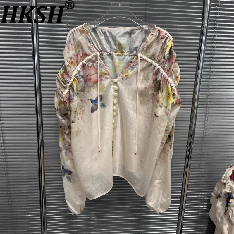 

HKSH 2026 Spring Summer New Women's Shirt Printed Pleated V-neck Single Breasted Long Sleeve Elegant Thin Chiffon Blouse HK18352