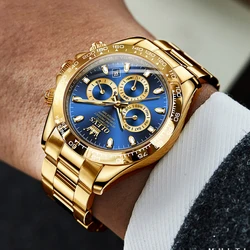 OLEVS Gold Blue Dial Automatic Mechanical Men Watch Multi-function Business Casual Wristwatch Waterproof Watches Montre Homme