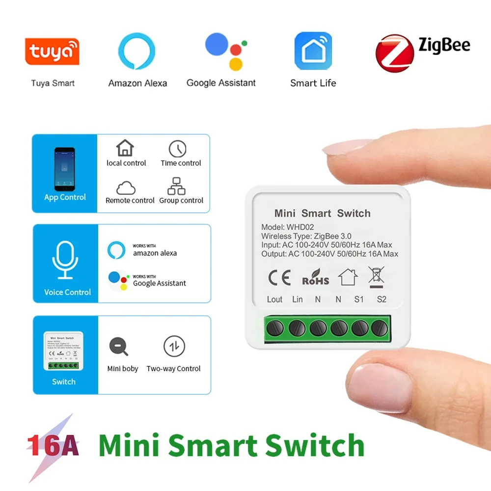 

Tuya ZigBee WiFi Mini Smart Light Switch 16A 2 Way Remote Control Breaker Tuya Smart Home Life Works with Alexa Alice Google