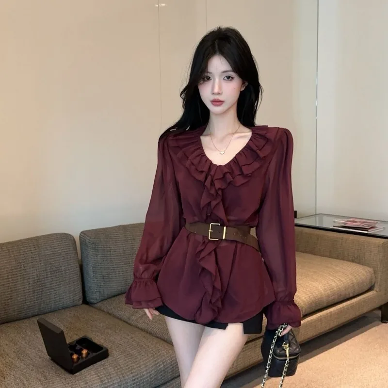

Women Clothes Spring Autumn Fashion Simplicity Button Solid Color Ladies All-match Ruffles Appear Thin Slim Long Sleeve Cardigan