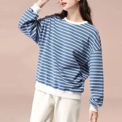 Preppy Style Striped Women's Clothing Pullover Lantern Long Sleeve Round Neck Spring Autumn T-shirt Loose Flattering Tops