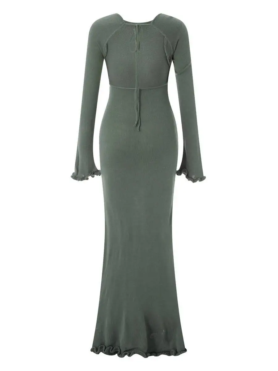 Vestido largo de punto con volantes para mujer, ropa de playa con manga ajustada y lazo, Espalda descubierta, cuello redondo, Color sólido, otoño e invierno