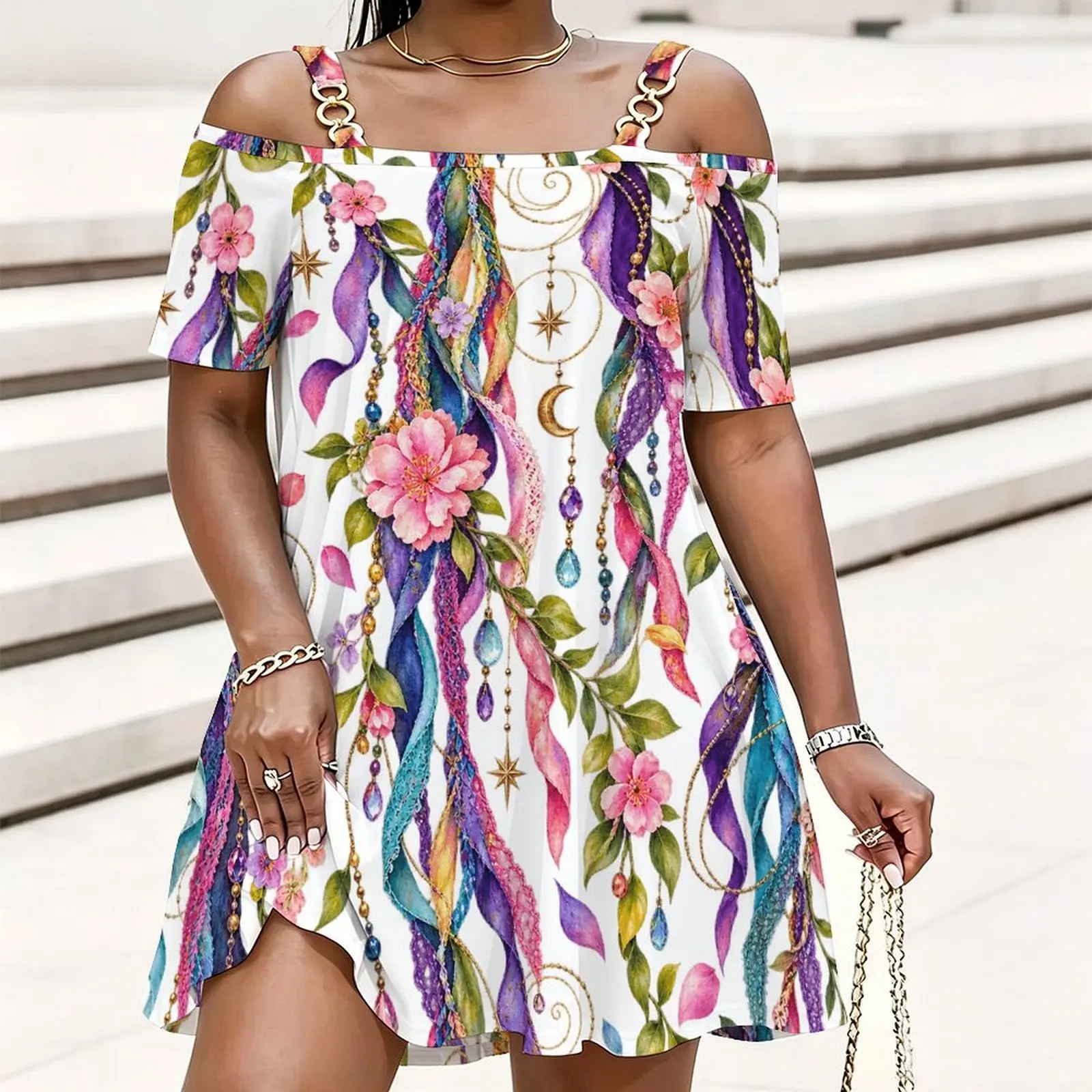 Women White Base Floral Star Moon Gem Print Cold Shoulder Short Sleeve Chain Strap Loose Top
