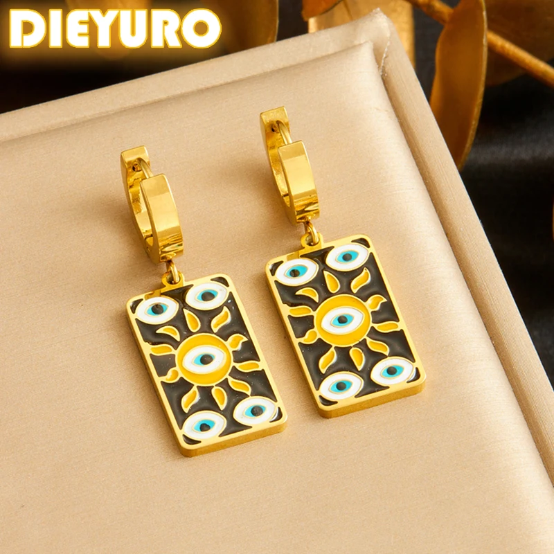 DIEYURO 316L Stainless Steel Sun Devil's Eye Drops Oil Earrings Womens Fashion Design Sense New Current Ear Jewelry Gift Party