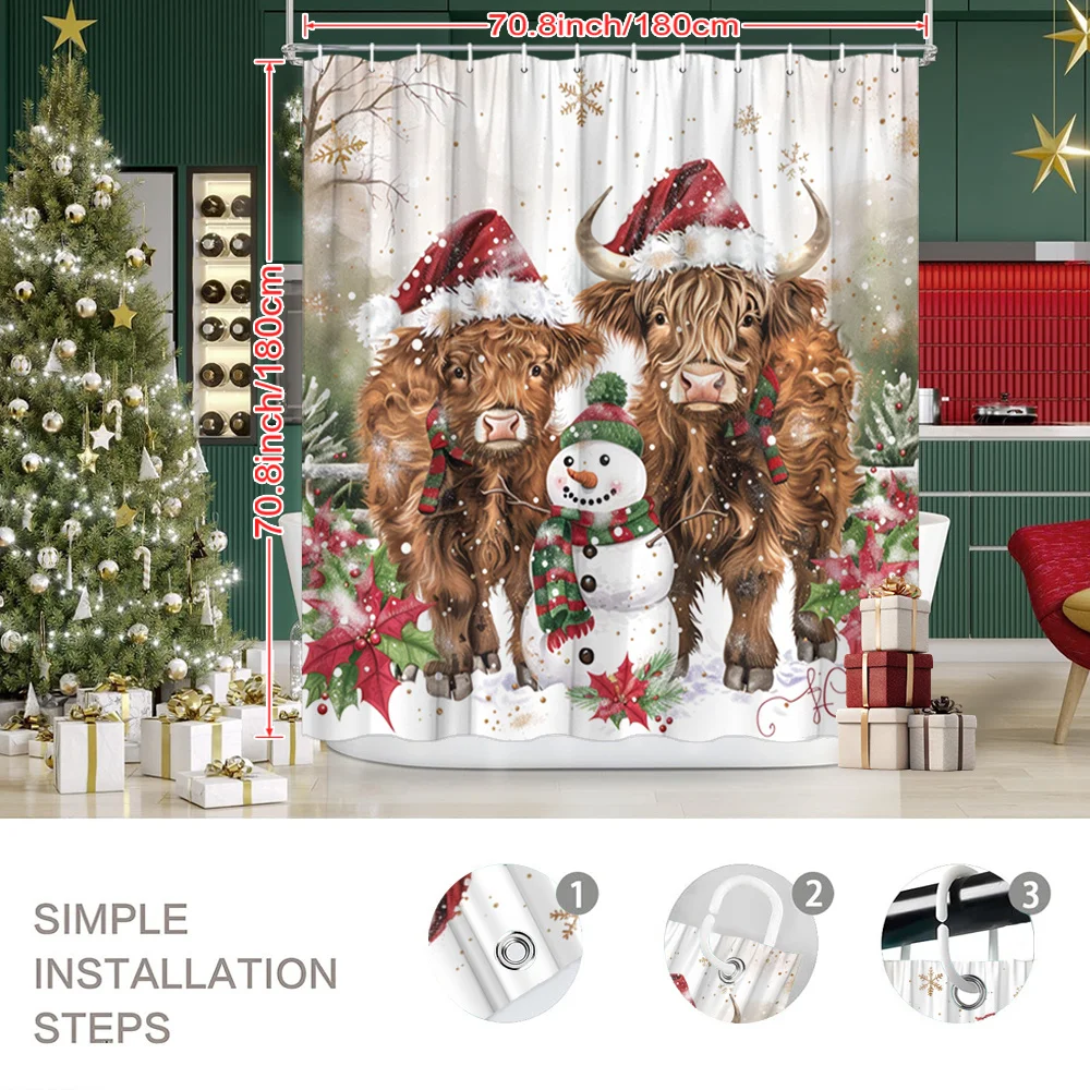 Vintage Festive Rustic Cow Snowman Holly Berry Pattern Holiday Luxury Shower Curtain With Hooks Fabric Bathroom Decor